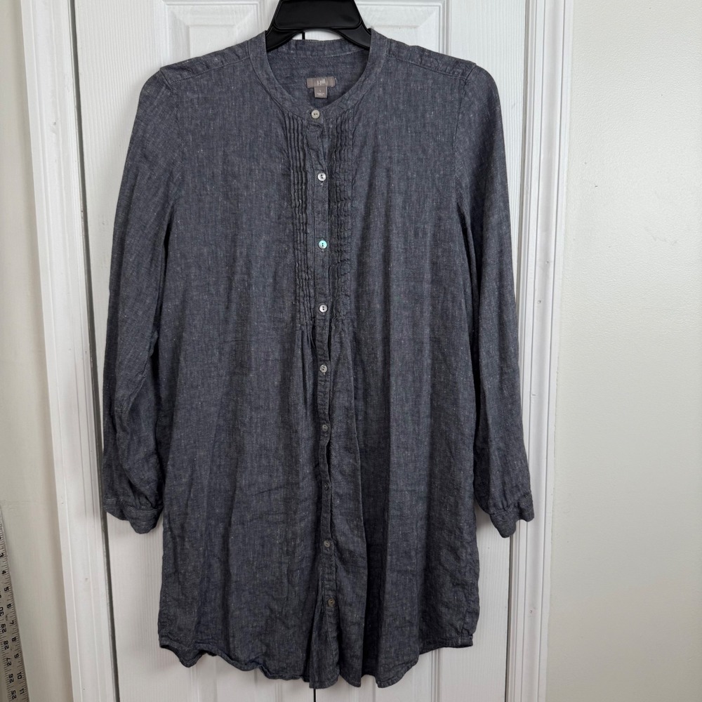 J.Jill Linen Blend Blue Chambray Pintuck Shirt Dress Size L Button Front Casual‎